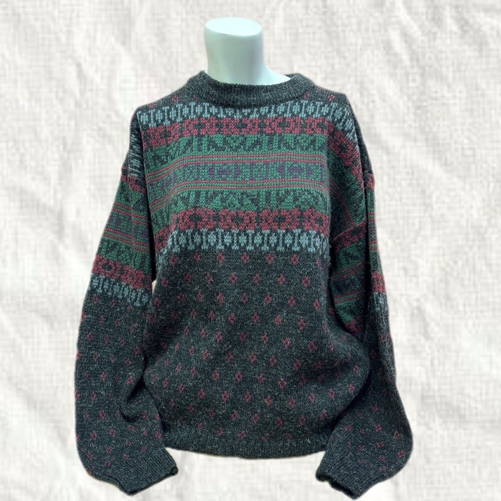 Vintage Multicolour Wool Patterned Sweater Grandpa  Eclectic Geometric